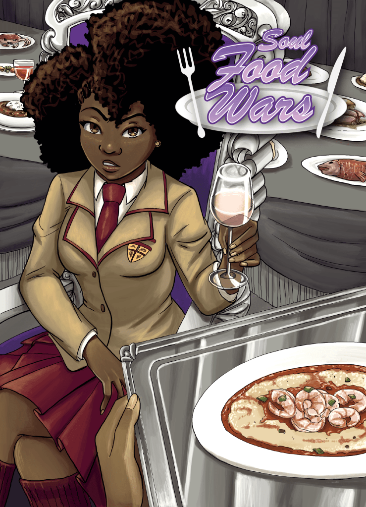 A redraw of the Food Wars Vol. 2 cover with a character from the parody comic Soul Food Wars as the focus.